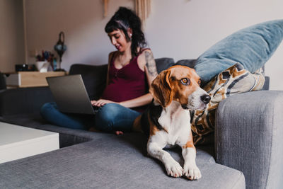 Woman with dog sitting in laptop
