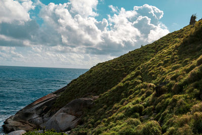 Scenic view of sea and mountains against sky