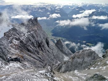 Aerial view of snowcapped mountains against sky