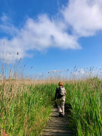 Rear view of man walking on field against sky