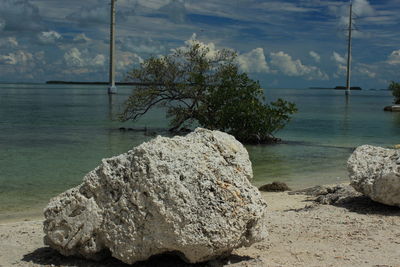 Scenic view of rocks by sea against sky