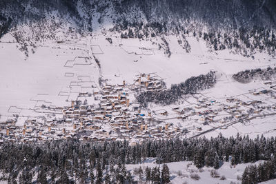 High angle view of snow covered landscape