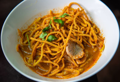 High angle view of noodles served in bowl