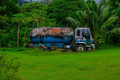 Vintage car on field against trees