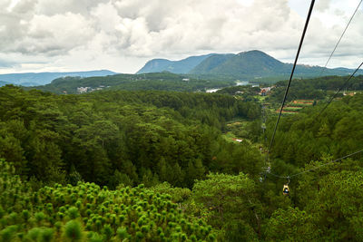 Scenic view of trees and mountains against sky