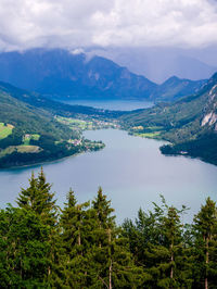 Scenic view of lake and mountains against sky