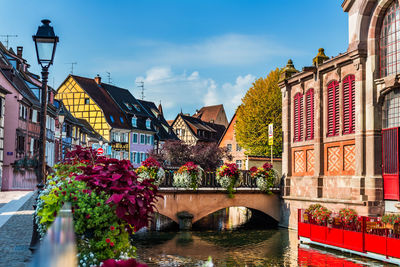 Colorful traditional french houses on side of river lauch in petite venise, colmar, alsace, france