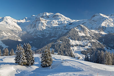 Scenic view of snowcapped mountains against clear sky