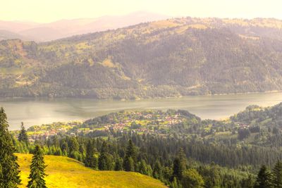 Scenic view of lake and trees against mountains