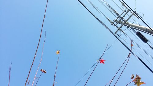 Low angle view of cables against clear blue sky