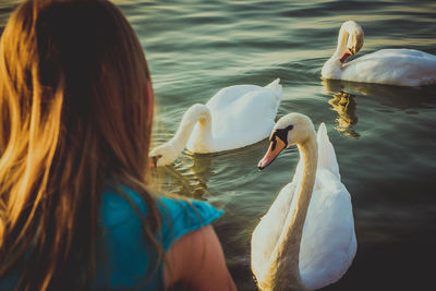 Rear view of woman swimming in lake