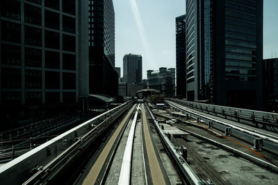 Railroad tracks amidst buildings in city against sky