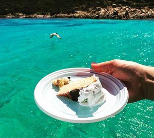 Close-up of hand holding cake in plate by the sea