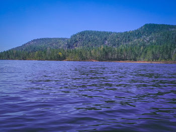 Scenic view of lake against clear blue sky