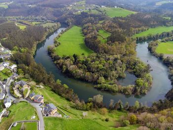 Aerial view of the meanders of the navia river in asturias, spain.