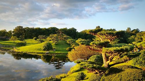 Scenic view of river against cloudy sky