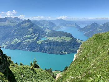 Scenic view of lake and mountains against blue sky