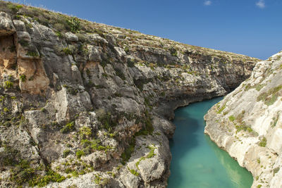 Scenic view of river amidst mountains against clear sky