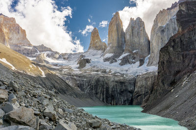 Scenic view of rocks and mountains against sky