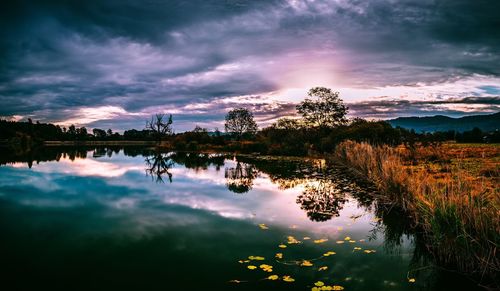 Scenic view of lake against sky during sunset