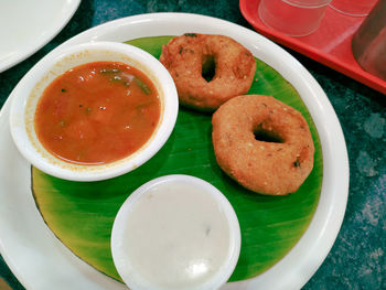 High angle view of breakfast served on table