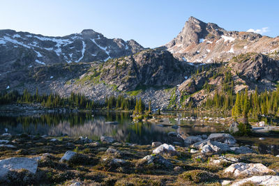 Scenic view of lake by snowcapped mountains against sky