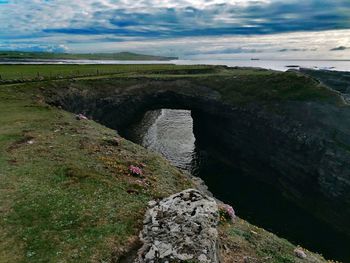 High angle view of rocks on land against sky