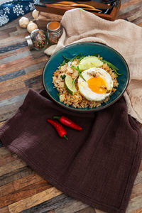 High angle view of breakfast on table