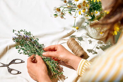 Alternative medicine.collection and drying of herbs.woman holding in her hands bunch of sage flowers