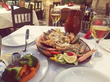 Close-up of served food on table