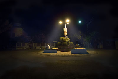Illuminated street light by building against sky at night