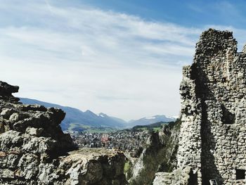 Panoramic view of rocks and mountains against sky