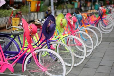 Multi colored bicycles on bicycle