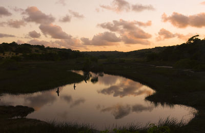 Scenic view of lake against sky during sunset