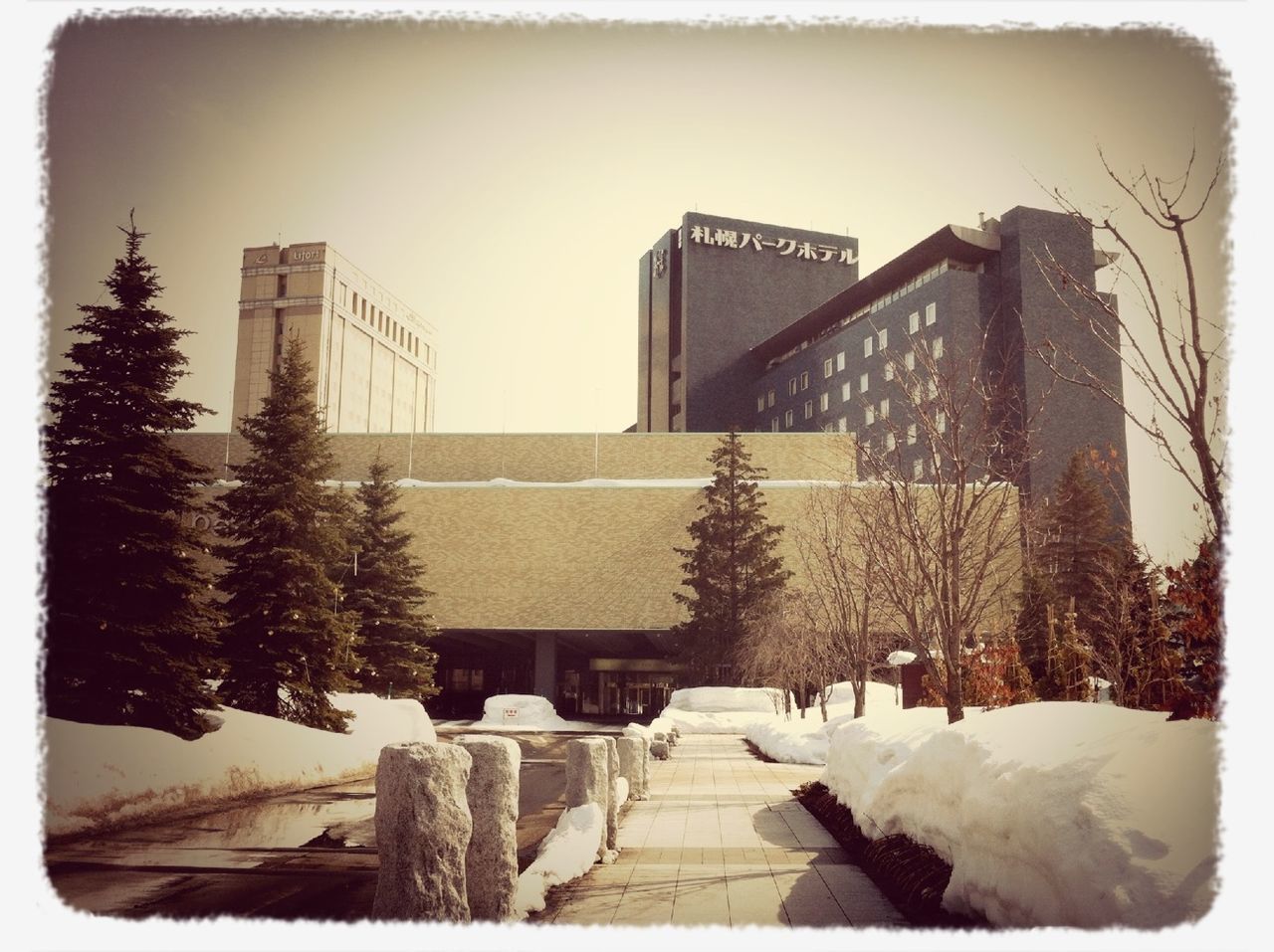 snow, winter, architecture, cold temperature, built structure, transfer print, building exterior, season, auto post production filter, weather, clear sky, covering, house, frozen, bare tree, outdoors, sky, city, day, tree