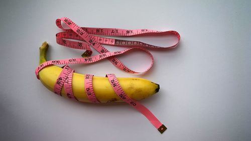 High angle view of tape measure on table