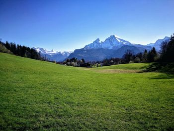 Scenic view of field and mountains against clear sky