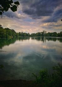 Scenic view of lake against sky at sunset