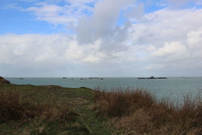 Scenic view of sea against cloudy sky