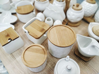 High angle view of coffee cups on table