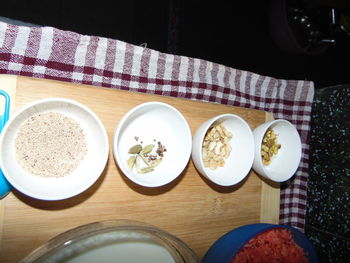 High angle view of breakfast on table