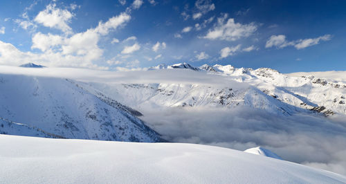 Scenic view of snow covered mountains against sky