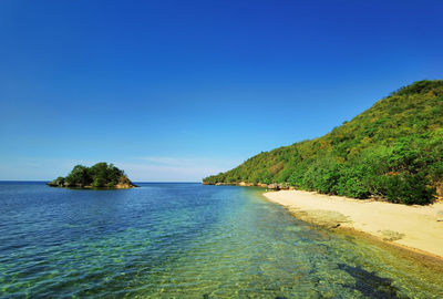 Scenic view of sea against clear blue sky