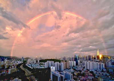 Aerial view of buildings against sky during sunset