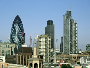 Low angle view of modern buildings against sky