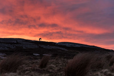 Scenic view of mountain against orange sky