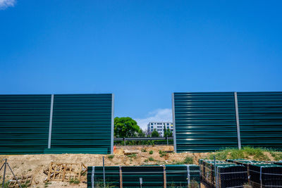 Low angle view of building against clear blue sky