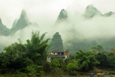 Scenic view of trees and houses against mountains