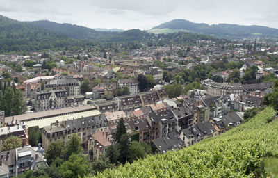 High angle shot of townscape against sky