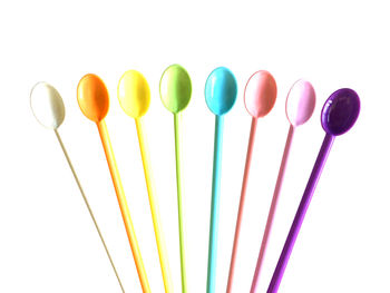 Close-up of multi colored balloons against white background